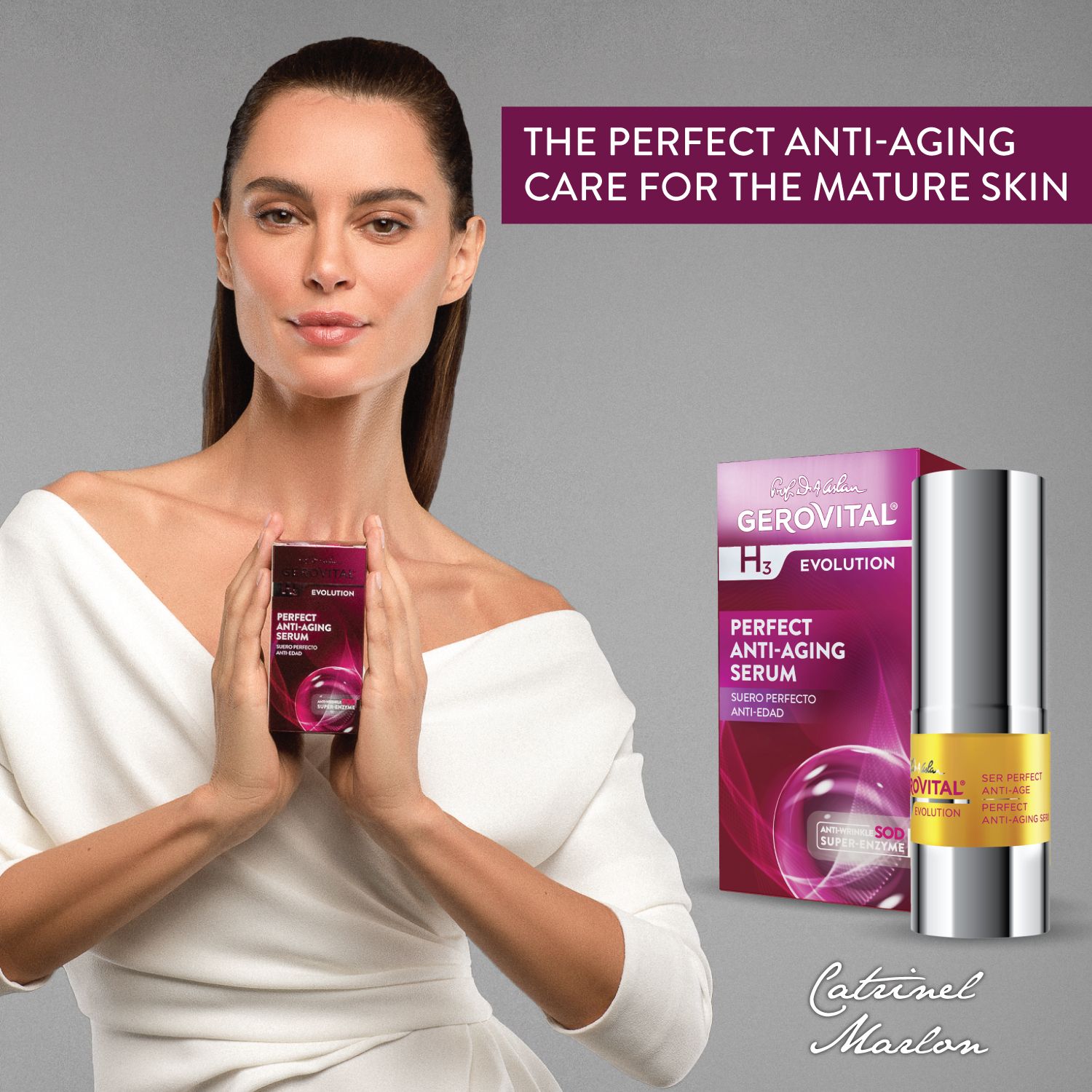Donna che tiene in mano flacone di siero e confezione. Scritta: Gerovital H3 Evolution, Perfect Anti-Age Serum.