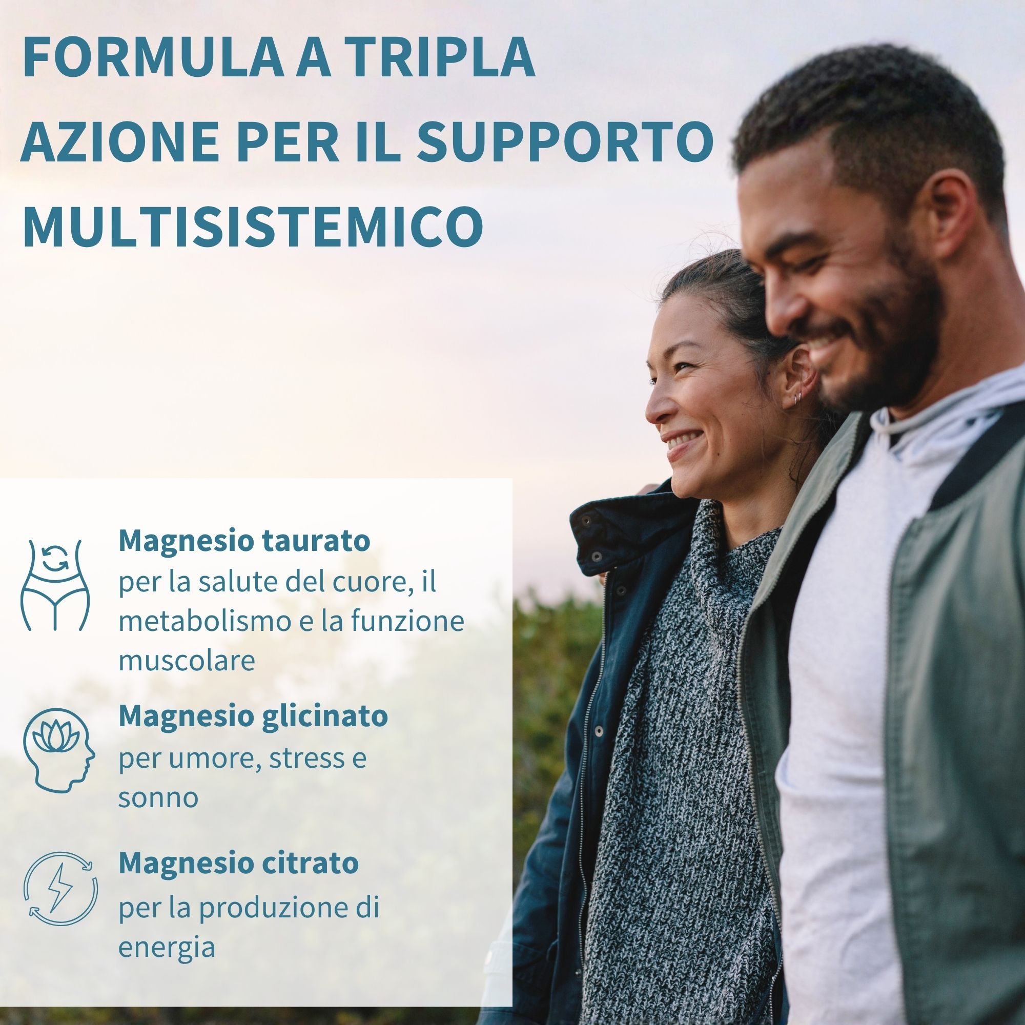 Una coppia sorride mentre vengono spiegati i benefici del magnesio taurato, glicinato e citrato.