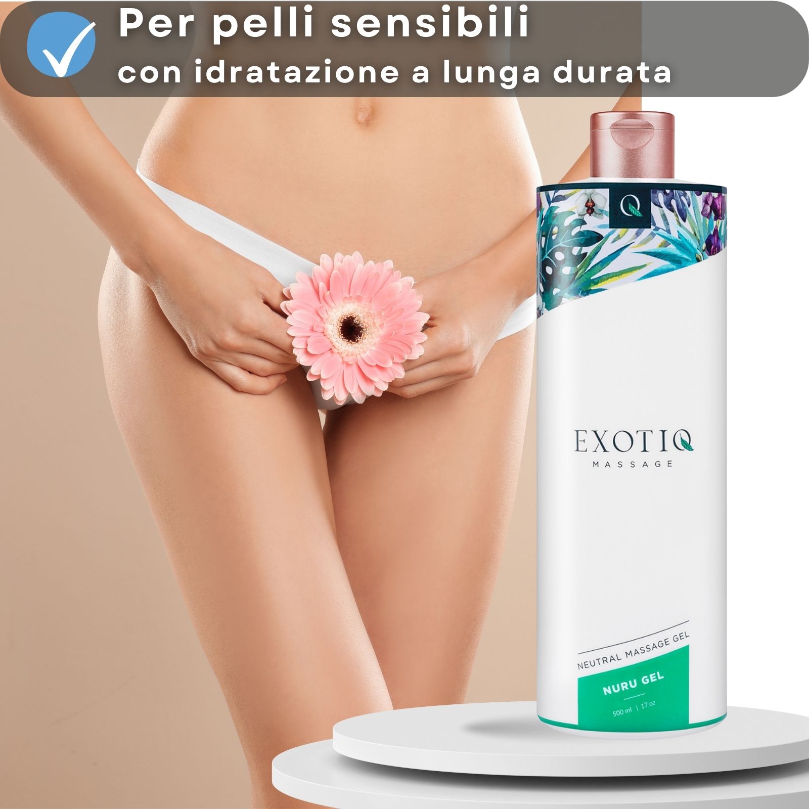 Donna con fiore. Flacone bianco. Scritta: EXOTIQ MASSAGE. Tappo rosa. Motivo floreale.