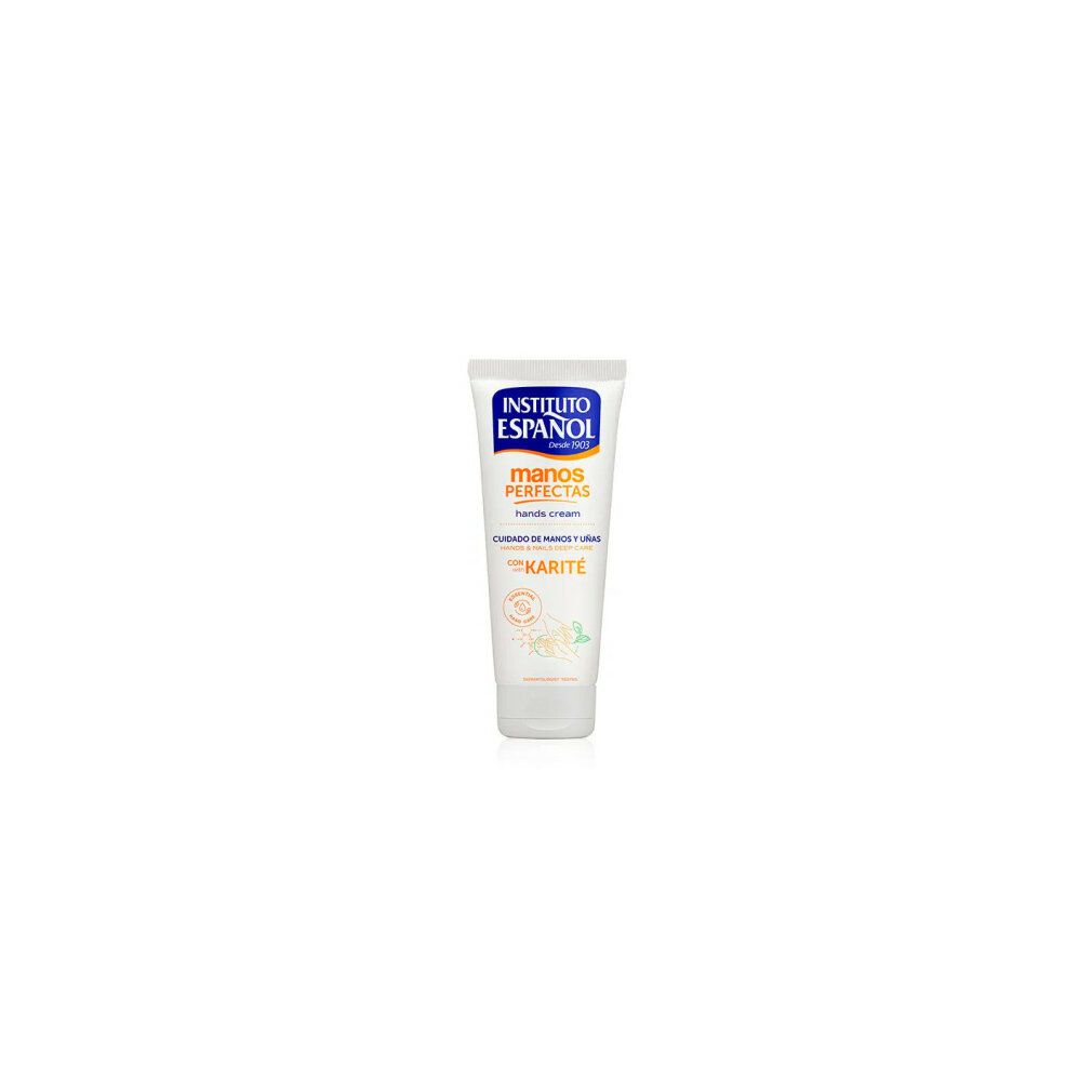 Tubo bianco con testo blu e arancione. Crema mani con karité. Scritta: Instituto Español, Manos Perfectas.