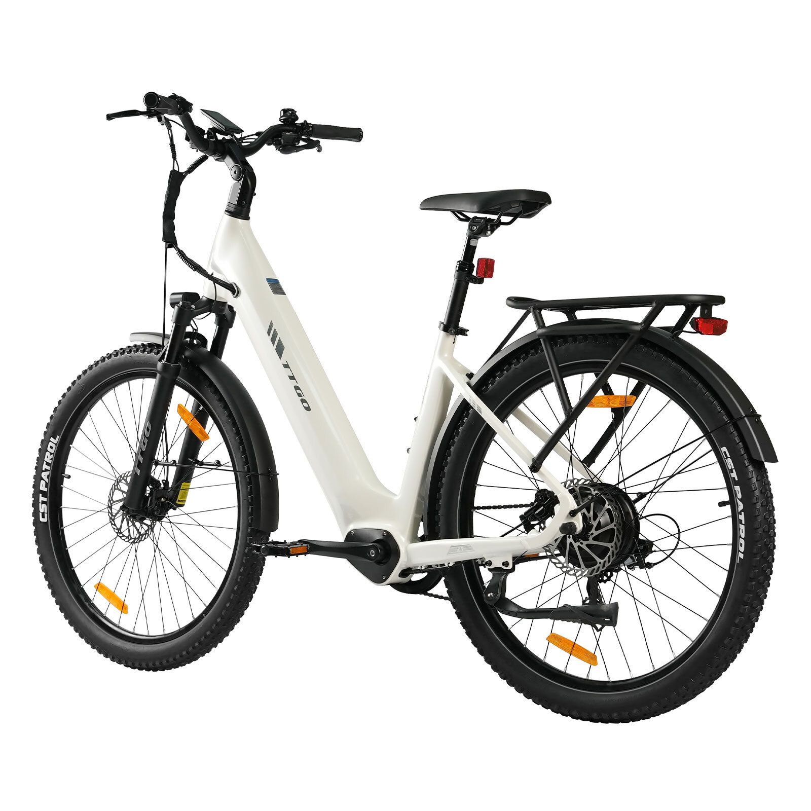 Bicicletta elettrica bianca con pneumatici neri. Portapacchi, parafanghi e freni a disco idraulici. Dettagli neri.