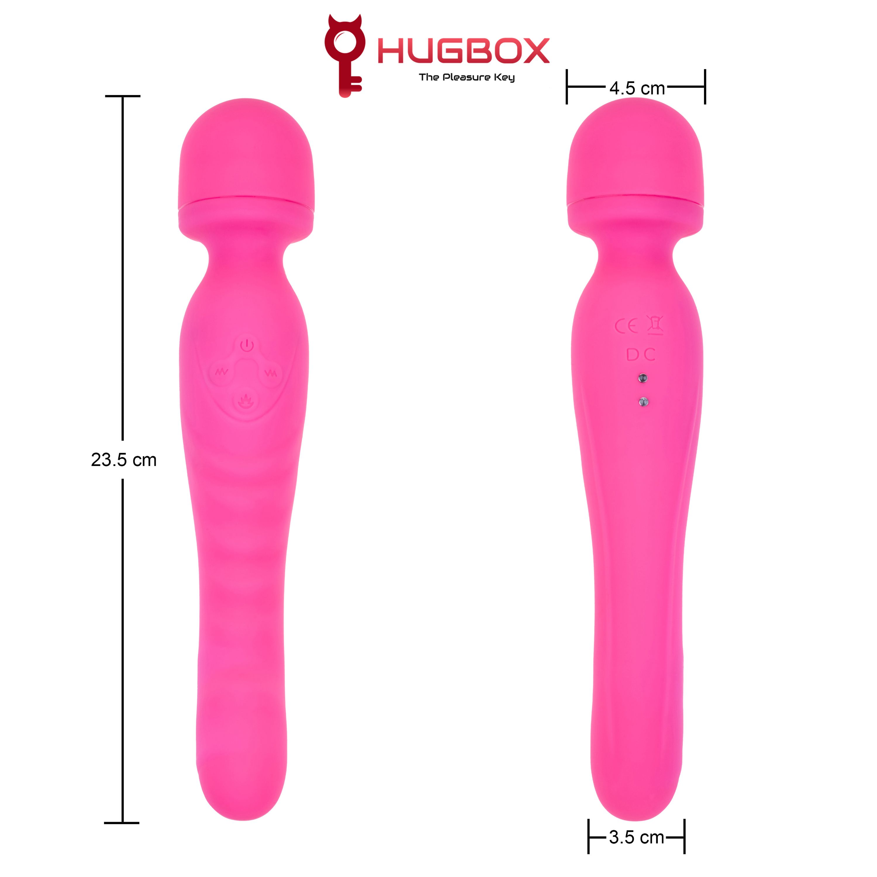 Due massaggiatori rosa. Misure indicate su uno: 23,5 cm di lunghezza, 4,5 cm di larghezza. Logo: HUGBOX.