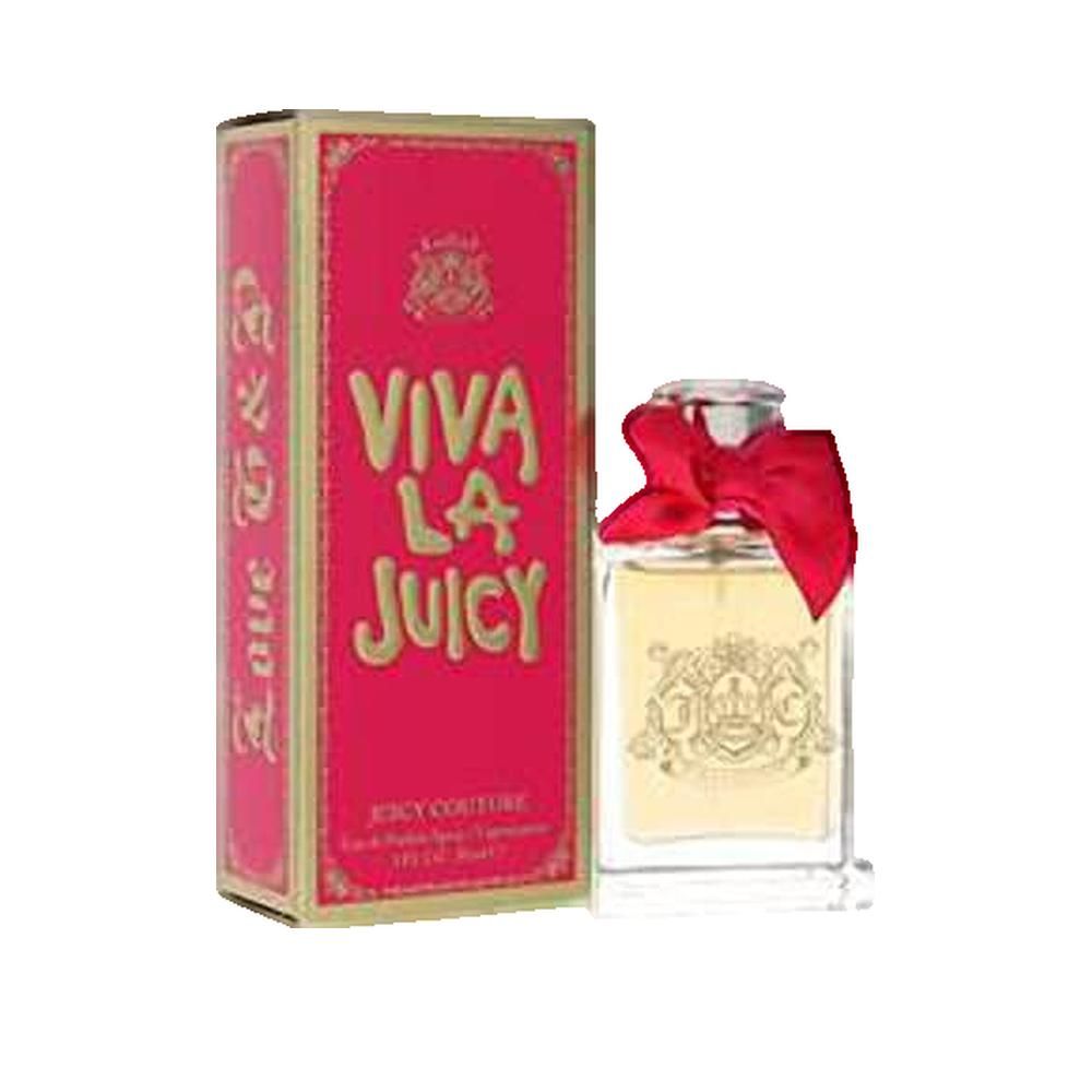 Confezione rosa con scritta dorata: Viva La Juicy. Flacone rettangolare con fiocco rosso. Tappo dorato.