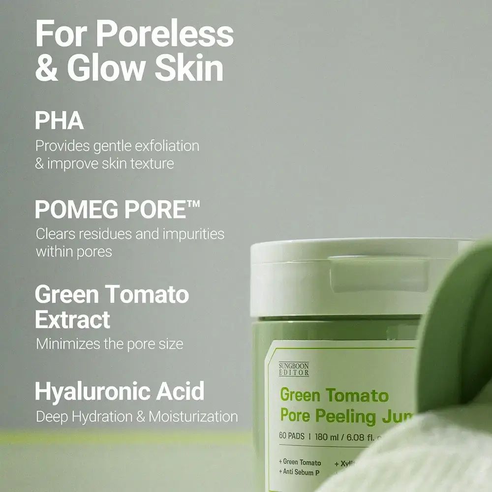 Etichetta del prodotto con ingredienti e caratteristiche. Testo: Green Tomato Pore Peeling Jumbo Pad. Marchio: SUNGBOON EDITOR.
