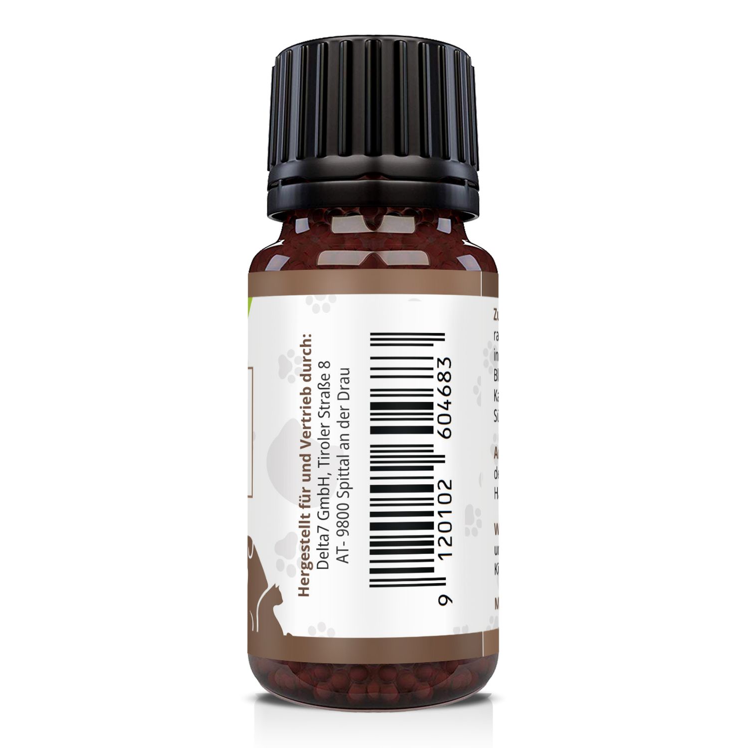 Flacone di vetro marrone con tappo nero. Retro con testo.