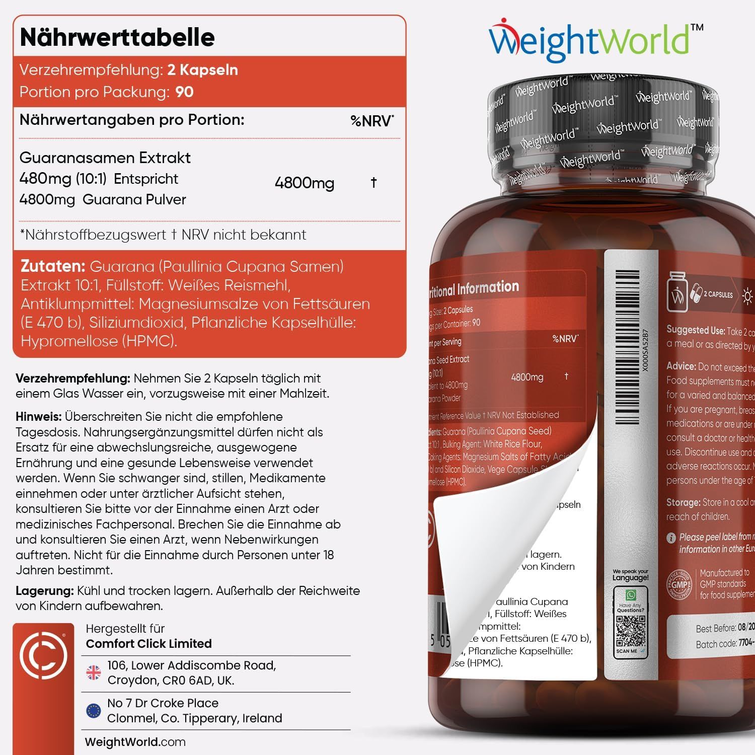 Tabella nutrizionale e informazioni sulle capsule di guaranà. Flacone di capsule sullo sfondo. Testo.