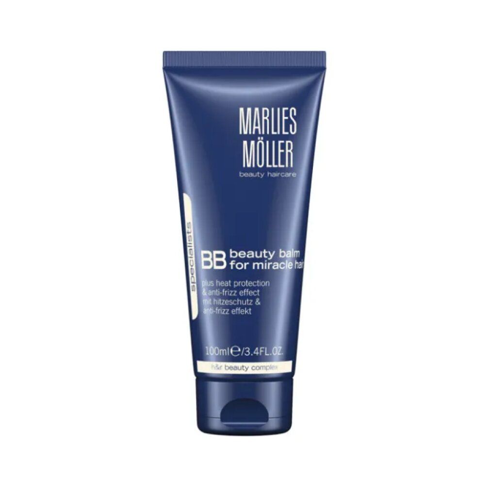 Tubo blu di Marlies Möller Beauty Balm. Testo: BB beauty balm for miracle hair, protezione termica e anti-crespo.