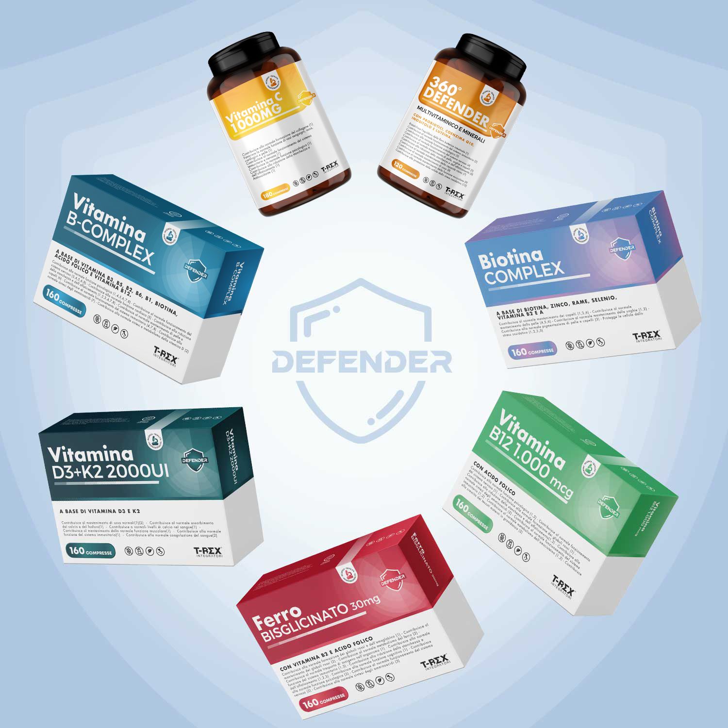 Vari integratori alimentari in confezioni. Contiene 'Vitamina B12', 'B-Complex' e altro.