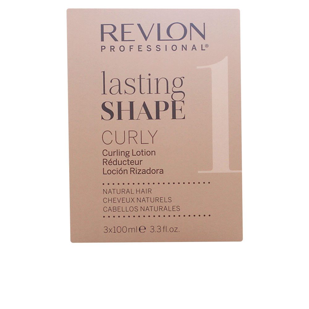 Confezione Revlon Professional Lasting Shape Curly. Curling Lotion. Scritte multilingue. Colore beige.