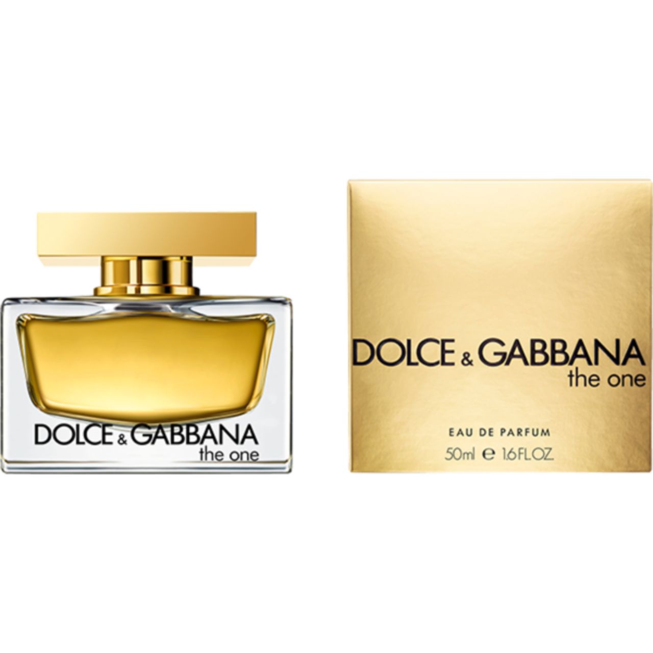 Flacone in vetro con tappo dorato e confezione dorata. Scritta: Dolce & Gabbana, the one. Eau de Parfum.
