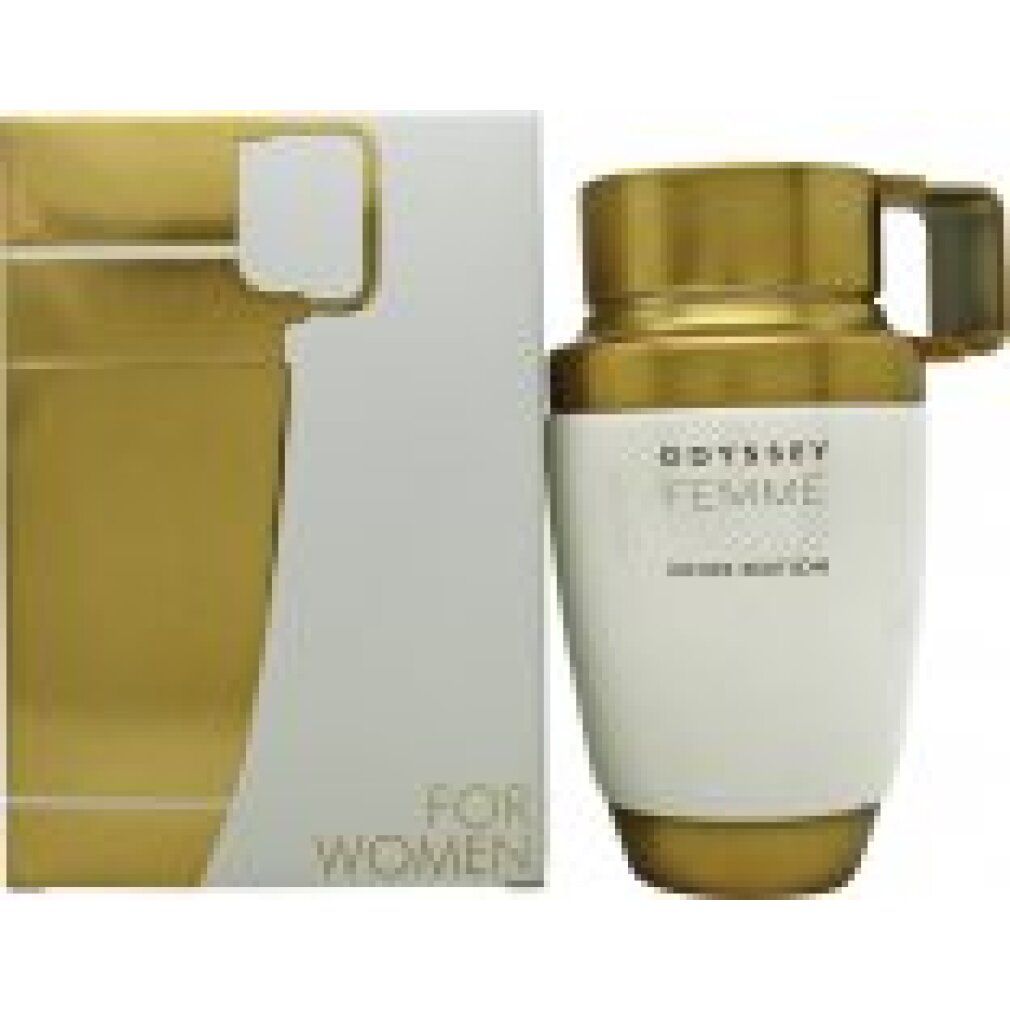 Flacone di profumo e confezione. Bianco e oro. Scritta: Odyssey Femme White Edition. Per donne.