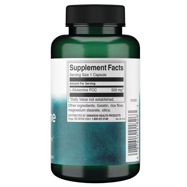 Retro del flacone verde. Etichetta con informazioni nutrizionali: L-Glutammina FCC, 500 mg. Altri ingredienti: gelatina, farina di riso, magnesio stearato, silice.