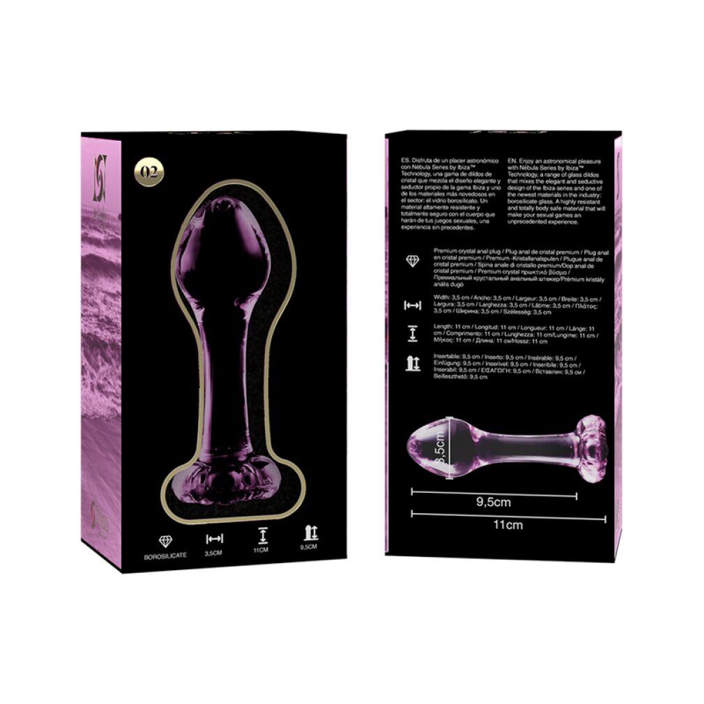 Confezione e plug anale in vetro rosa. La scatola mostra l'immagine del prodotto e i dettagli.