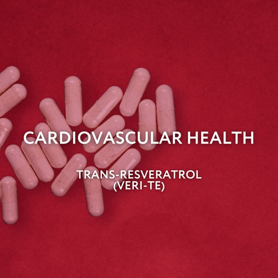 Testo: CARDIOVASCULAR HEALTH, Trans-Resveratrolo (VERI-TE). Capsule rosa su sfondo rosso.