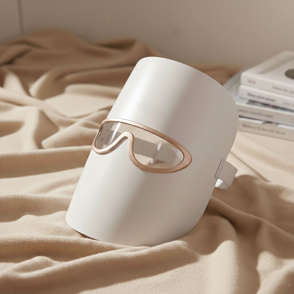 Maschera LED per terapia della luce bianca con accenti dorati, appoggiata su un tessuto beige.
