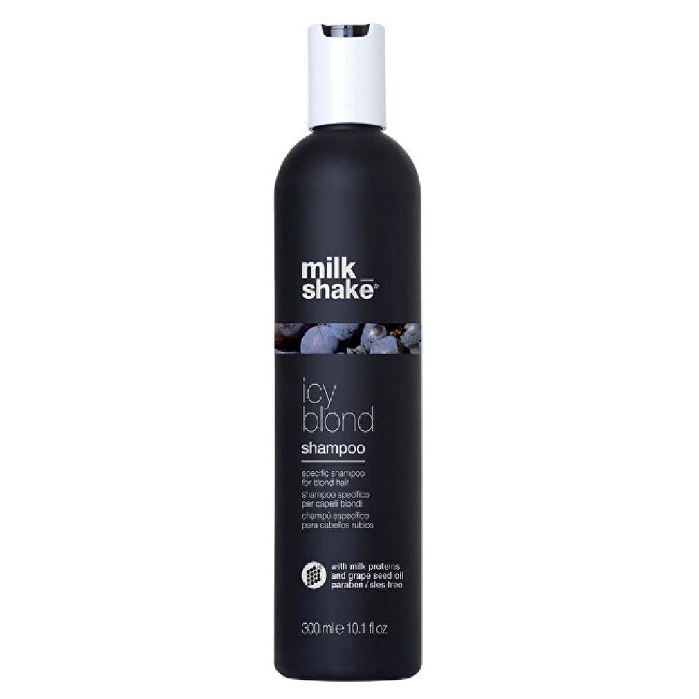 Flacone nero Milk Shake Icy Blond Shampoo, 300ml, per capelli biondi.