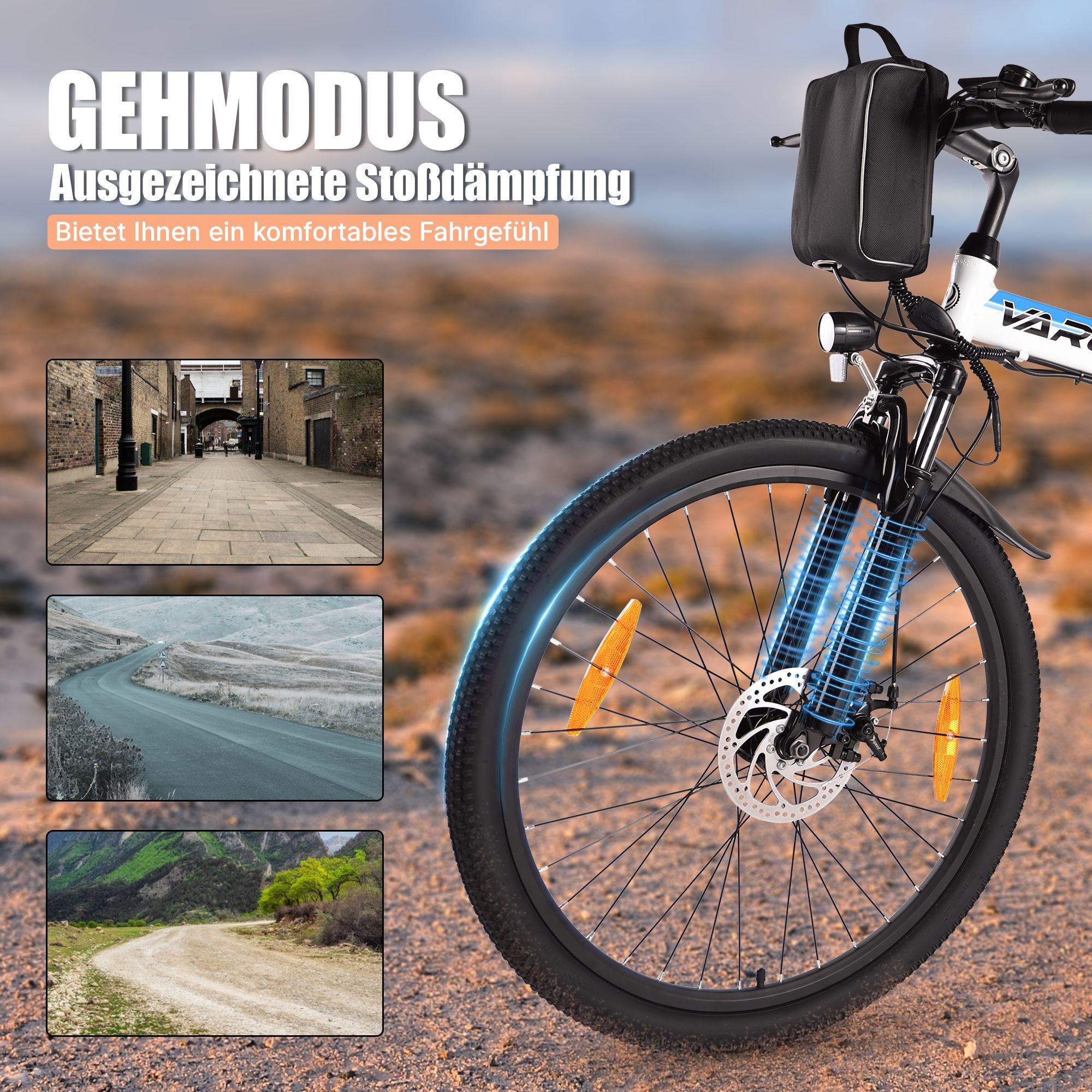 E-bike con ammortizzatori. Viste di strade. Pneumatici neri, catarifrangenti arancioni.