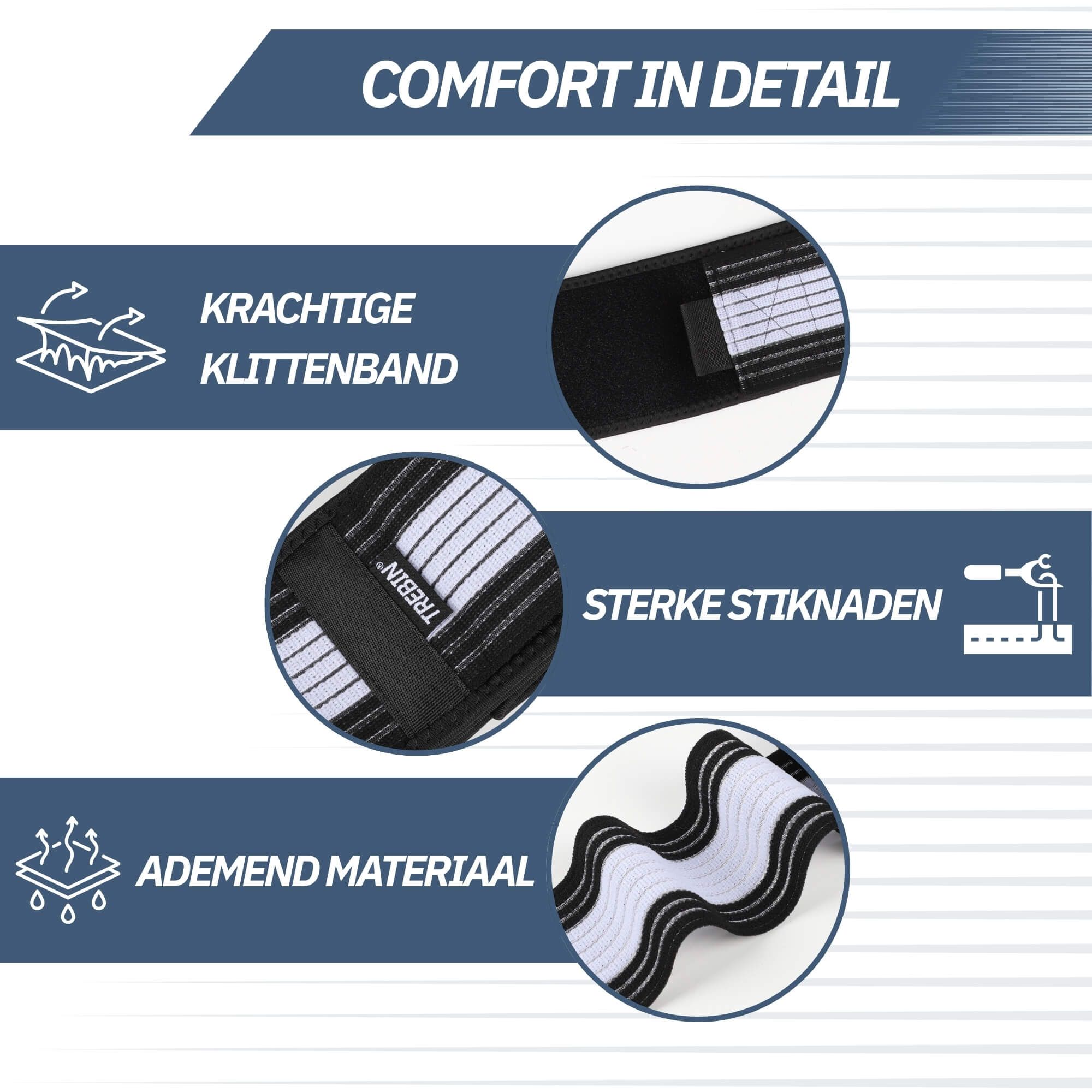 Fascia elastica con chiusura in velcro, cuciture robuste e materiale traspirante.