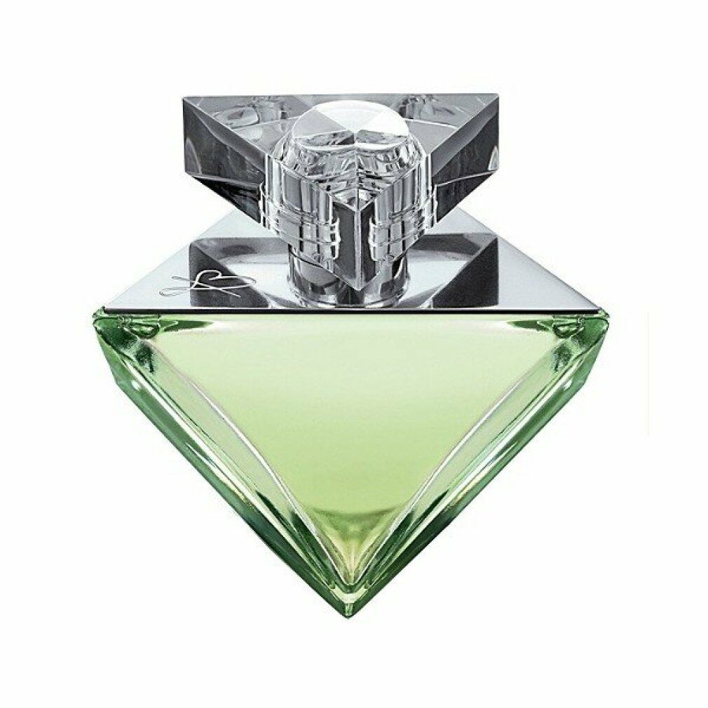 Flacone di profumo a forma di diamante, con tappo trasparente. Liquido verde. Vaporizzatore argentato.