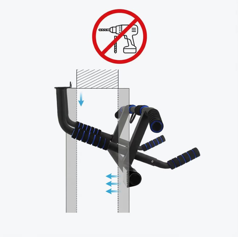 Barra per trazioni per telaio porta. Montaggio senza forare. Struttura in metallo nero con maniglie blu.