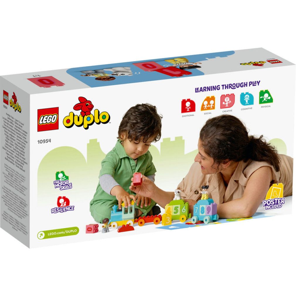 LEGO DUPLO Treno dei numeri. Bambino e adulto giocano con treno, personaggi e mattoncini. Confezione con immagine del prodotto.