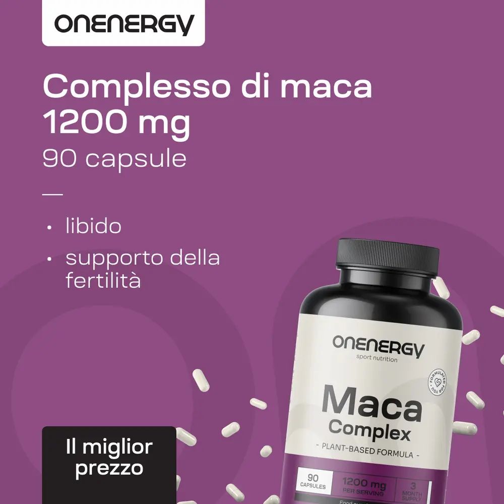 Maca Complex 1200 mg, 90 capsule. Testo: Libido, supporto della fertilità. Logo OnEnergy.