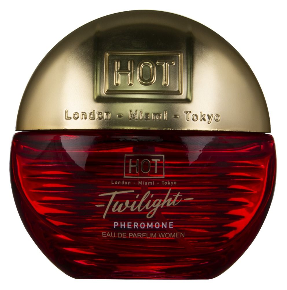 Flacone di profumo rosso con tappo dorato, scritta "Twilight Pheromone".
