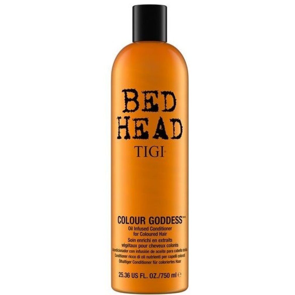 Flacone arancione con tappo nero. Scritte: BED HEAD, TIGI, COLOUR GODDESS. Testo multilingue.