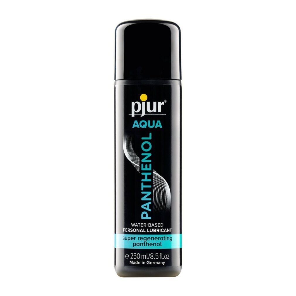Flacone nero con logo giallo e scritta "Pjur Aqua Panthenol". Scritte blu e bianche. Lubrificante a base d'acqua.
