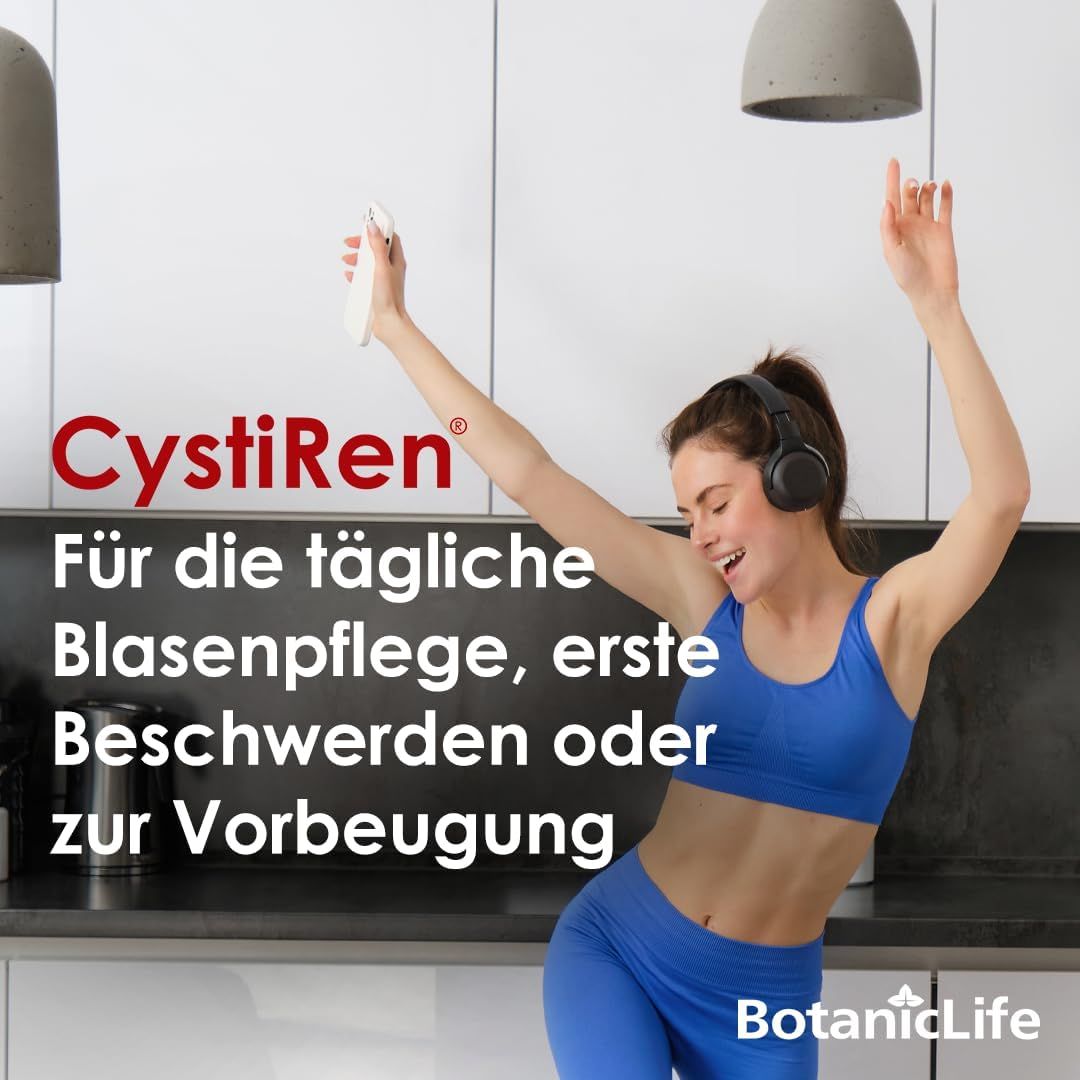 Donna che balla con le cuffie. Testo: CystiRen per la cura quotidiana della vescica, per i primi disturbi o per la prevenzione.