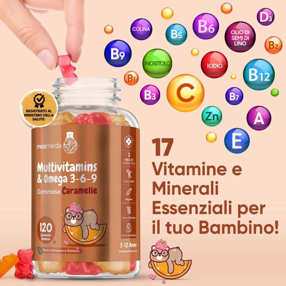 Mano che prende caramelle gommose da una bottiglia. Testo: 17 vitamine e minerali. Lampone e arancia. 3-12 anni. Registrato presso il Ministero della Salute.