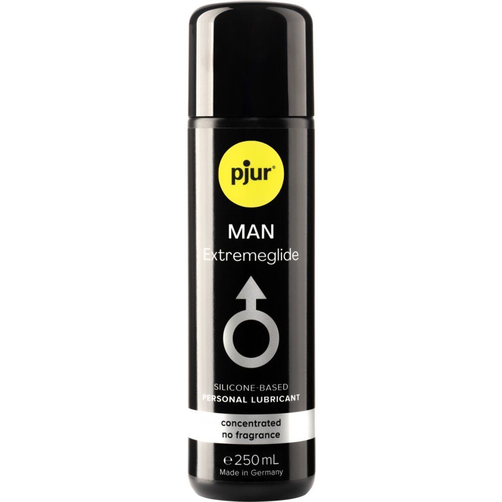 Flacone nero con tappo nero. Scritta: pjur MAN, Extremeglide, 250 ml. Simbolo maschile. A base di silicone. Senza profumo.