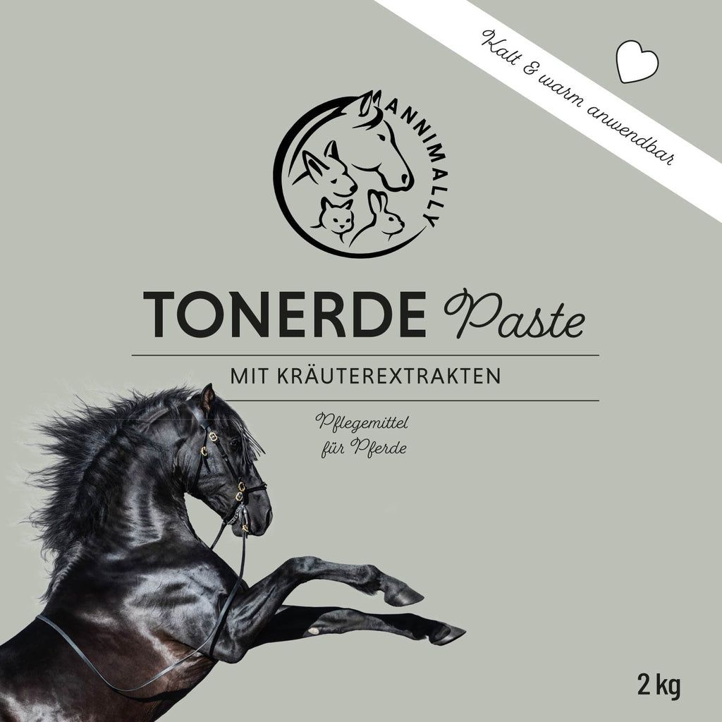 Sfondo grigio con logo: Annimally. Testo: TONERDE Paste, estratti di erbe, cura per cavalli. Immagine: Cavallo nero. In basso a destra: 2 kg.
