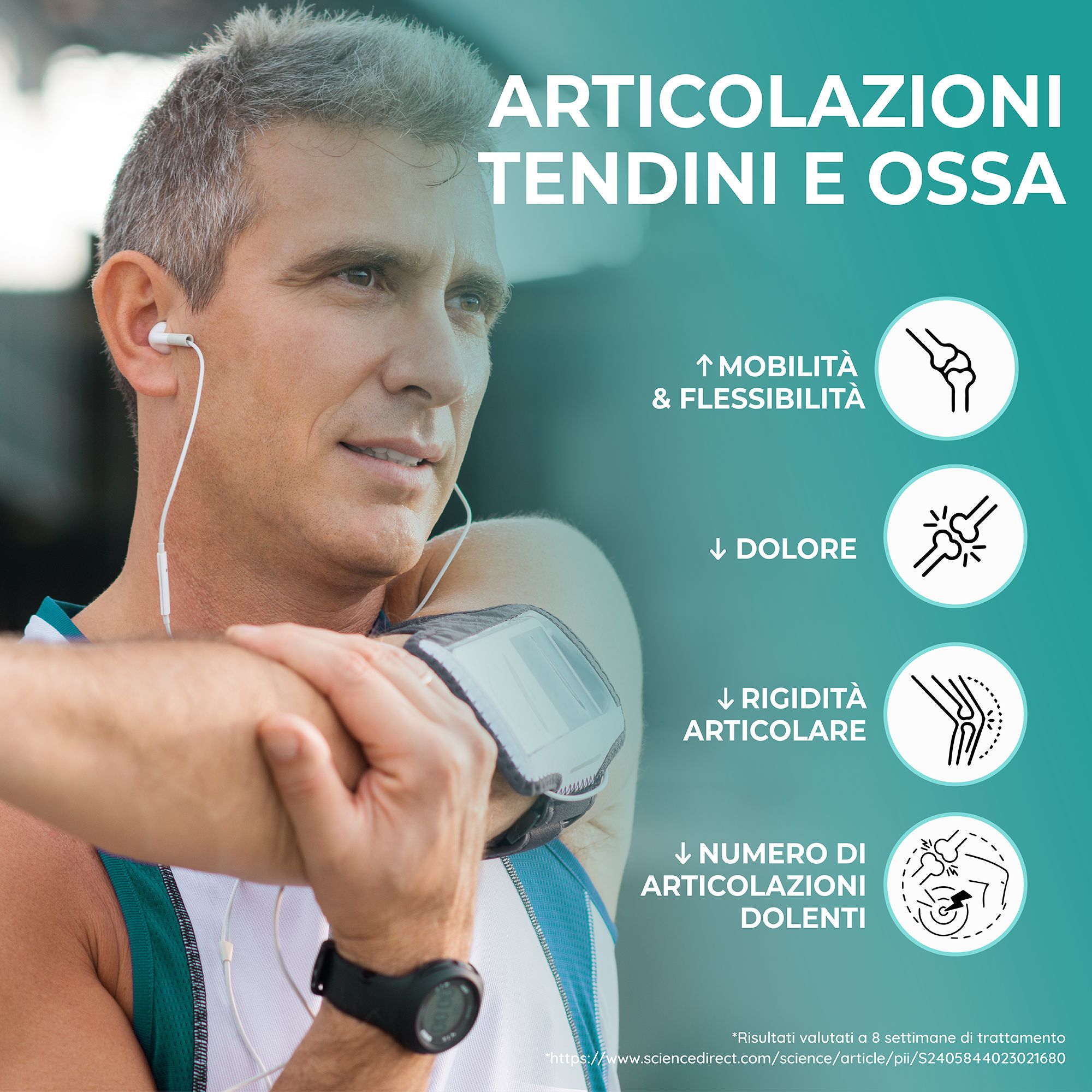 Uomo con cuffie, che si appoggia al braccio. Testo: Articolazioni, tendini e ossa. Mobilità, flessibilità, dolore, rigidità articolare.
