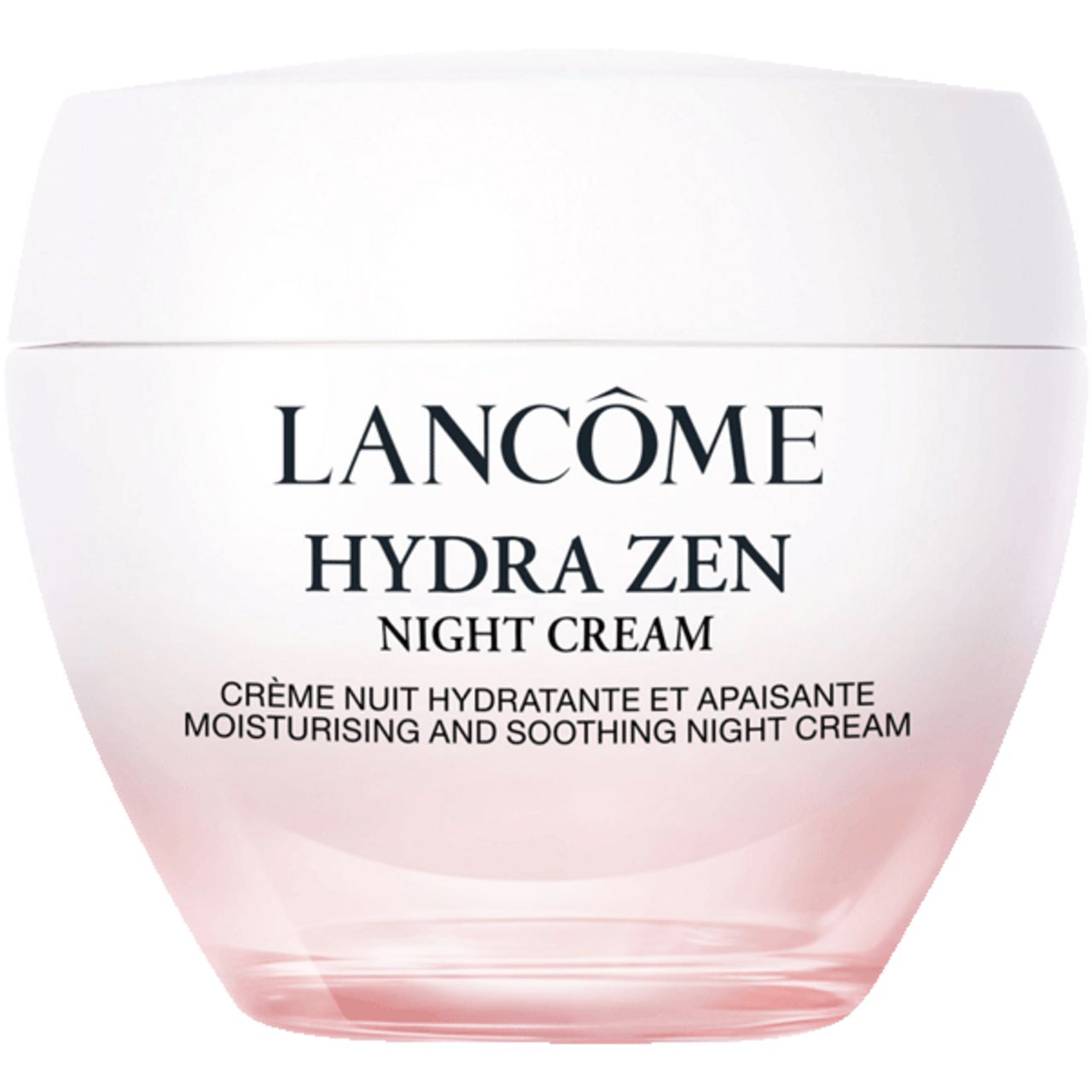 Vaso di crema bianco-rosa con coperchio argentato. Scritta: Lancôme, Hydra Zen, crema notte idratante.