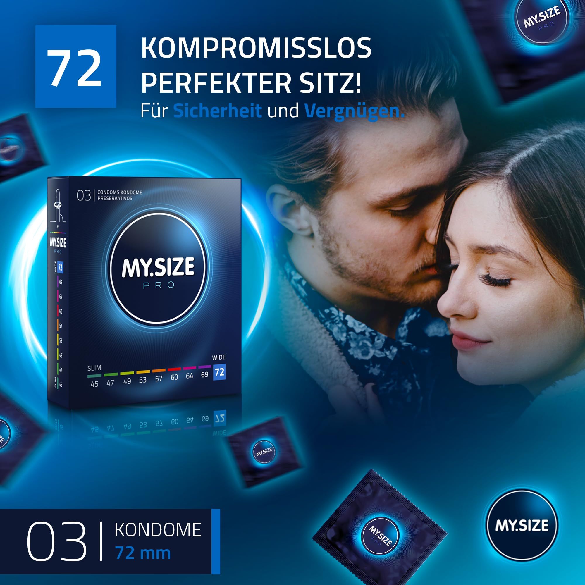 Preservativi MY.SIZE PRO: 72mm di larghezza, confezione da 72, per sicurezza e piacere.