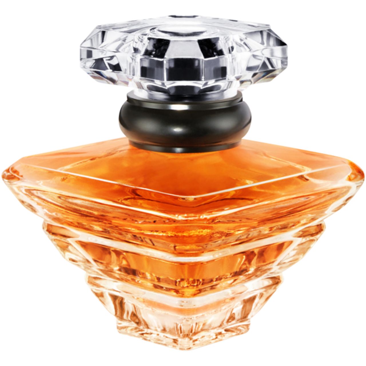 Flacone di profumo quadrato, vetro ambrato, tappo trasparente. Scritta: Trésor, Lancôme Paris.