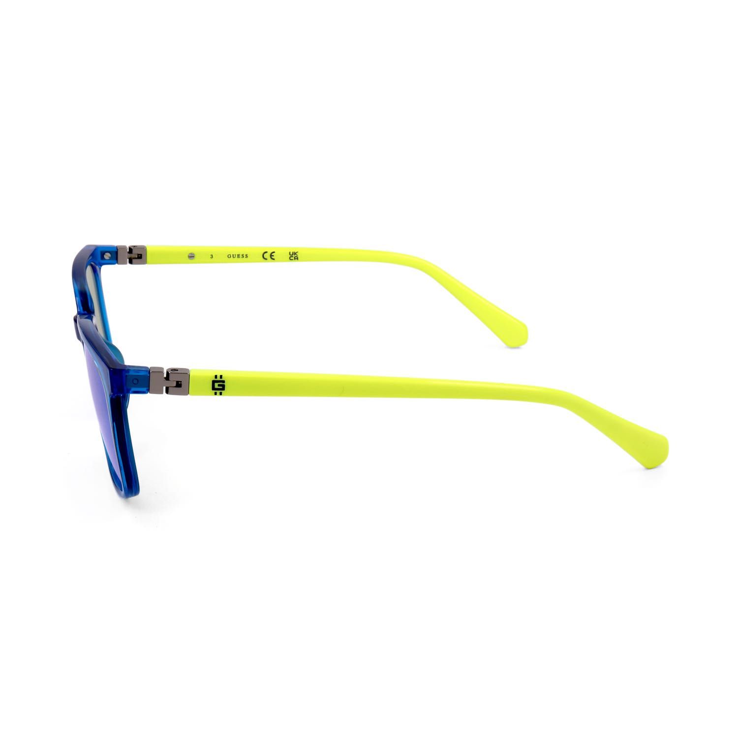 Occhiali blu con aste giallo fluo, marchio CE e logo.