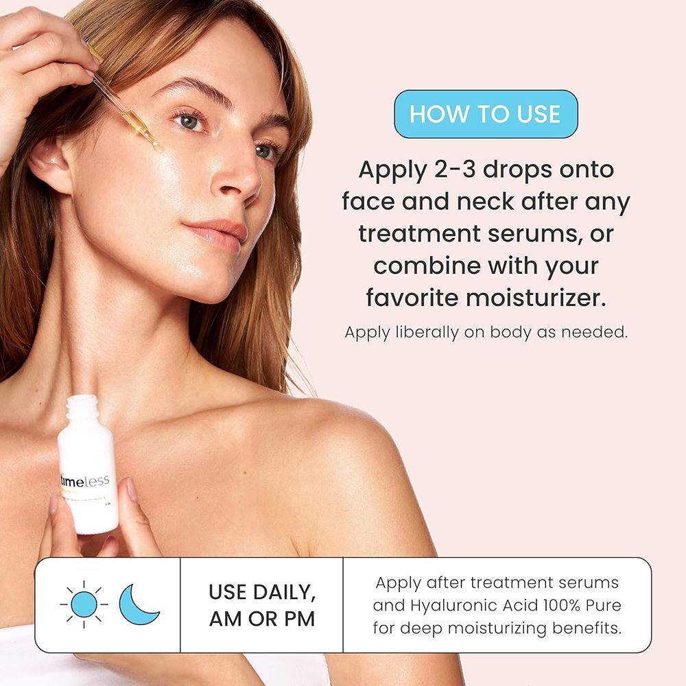 Donna che applica olio sul viso con un contagocce. Flacone con nome del prodotto. Testo: Come usare.