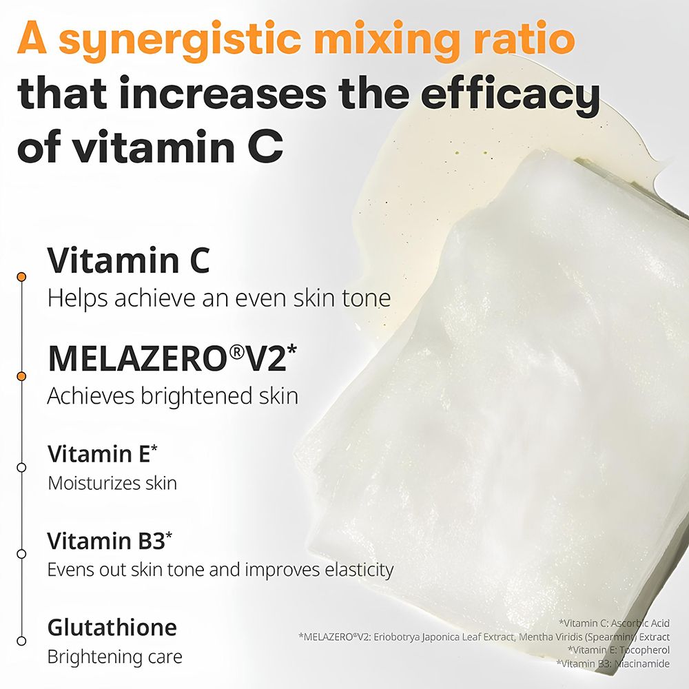 Primo piano degli ingredienti. Testo: Vitamina C, Melazero V2, Vitamina E, Vitamina B3, Glutatione. Su sfondo bianco.