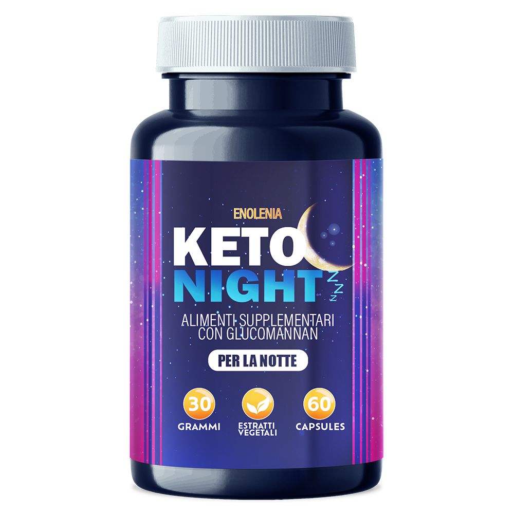 Barattolo Enolenia Keto Night con donna addormentata, atleta e testo sul supporto metabolico.