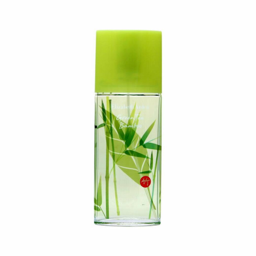 Flacone cilindrico con tappo verde. Motivo a foglie e bambù. Testo: Elizabeth Arden Green Tea Bamboo.
