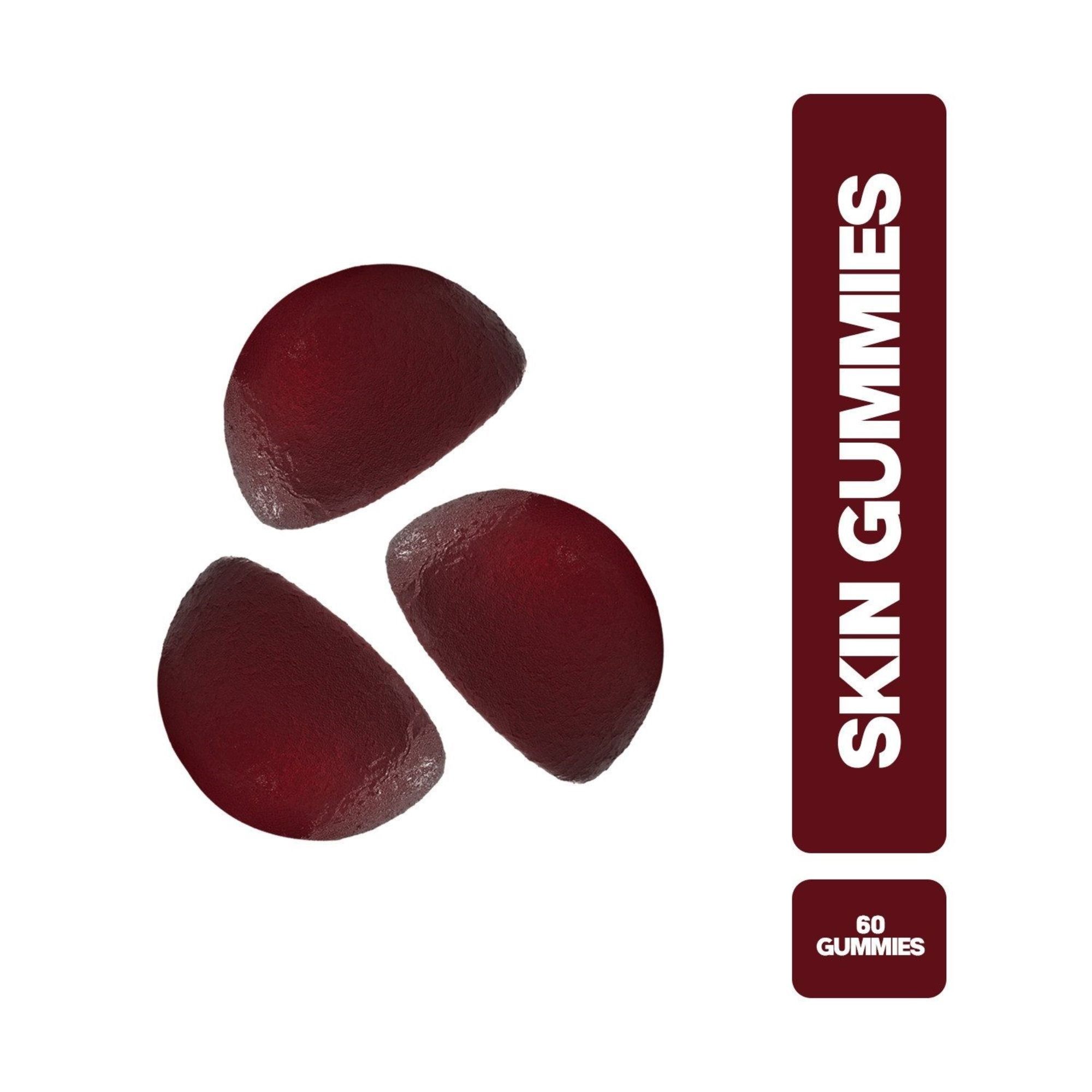 Tre caramelle gommose rosse scure per la pelle, accanto a un'etichetta verticale "SKIN GUMMIES" e "60 GUMMIES".