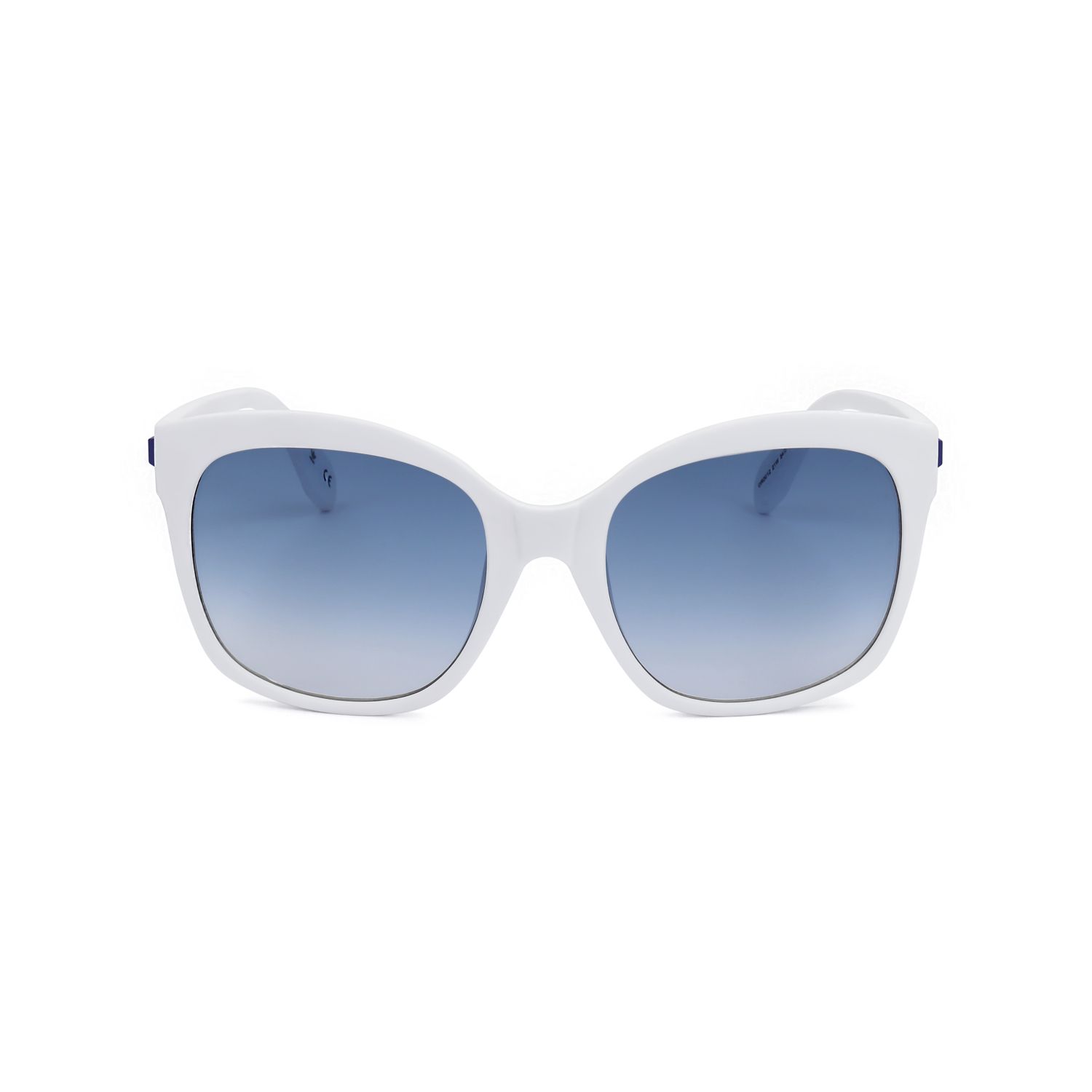 Occhiali da sole bianchi con lenti sfumate blu e montatura larga.
