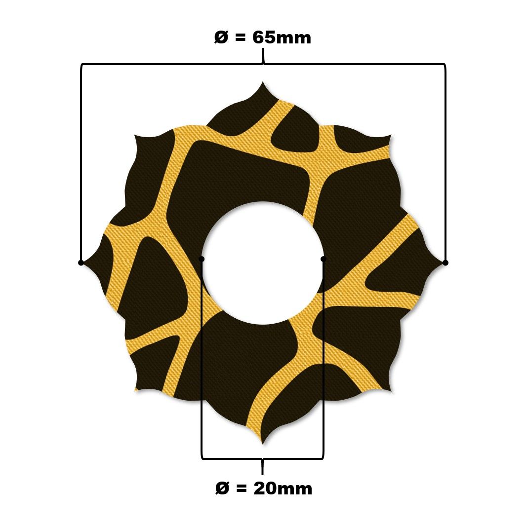 Anello di fissaggio con motivo giallo su sfondo nero. Diametro 65mm. Foro centrale, diametro 20mm.