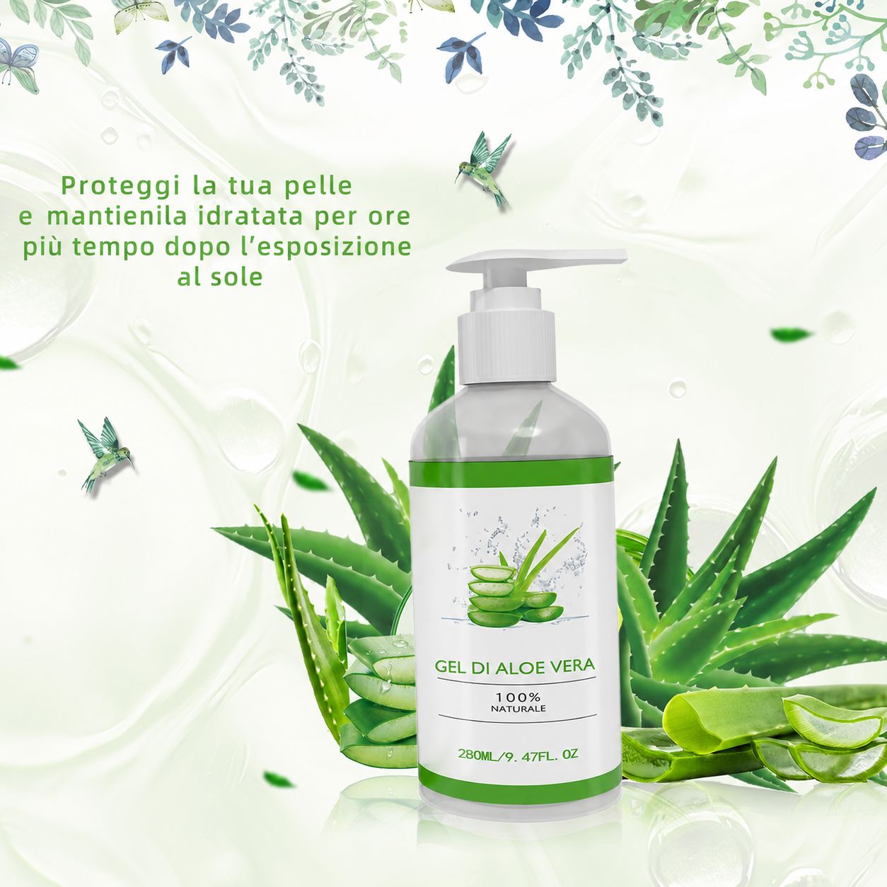Flacone di gel di aloe vera con dispenser. Etichetta verde e bianca. Foglie di aloe vera sullo sfondo. Testo: Gel di Aloe Vera, 100% Natural.