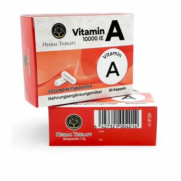 Scatola rossa con Vitamina A 10.000 UI, Herbal Therapy. 30 capsule. Due capsule raffigurate. Codice a barre e testo sotto.