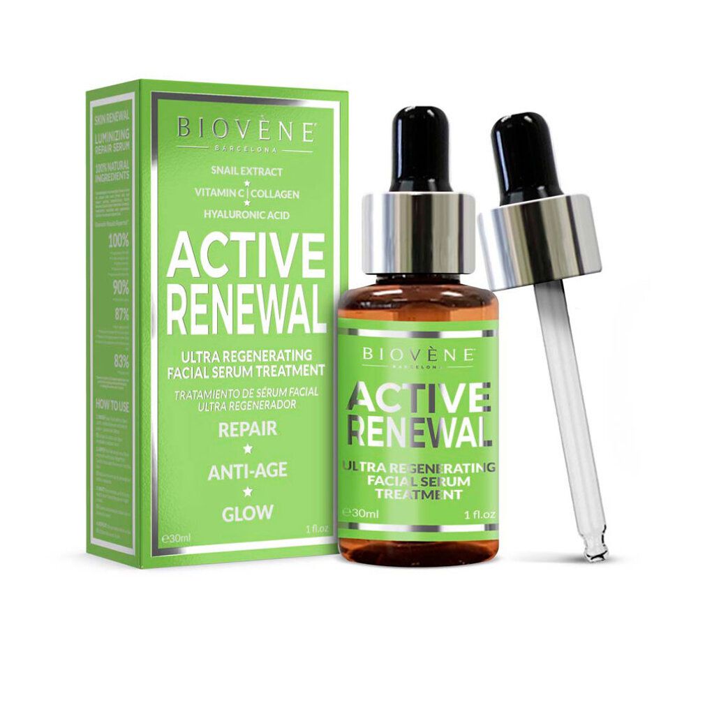 Flacone di siero e confezione. Scritta: Biovene, Active Renewal. Contiene acido ialuronico, vitamina C e collagene. Con pipetta.