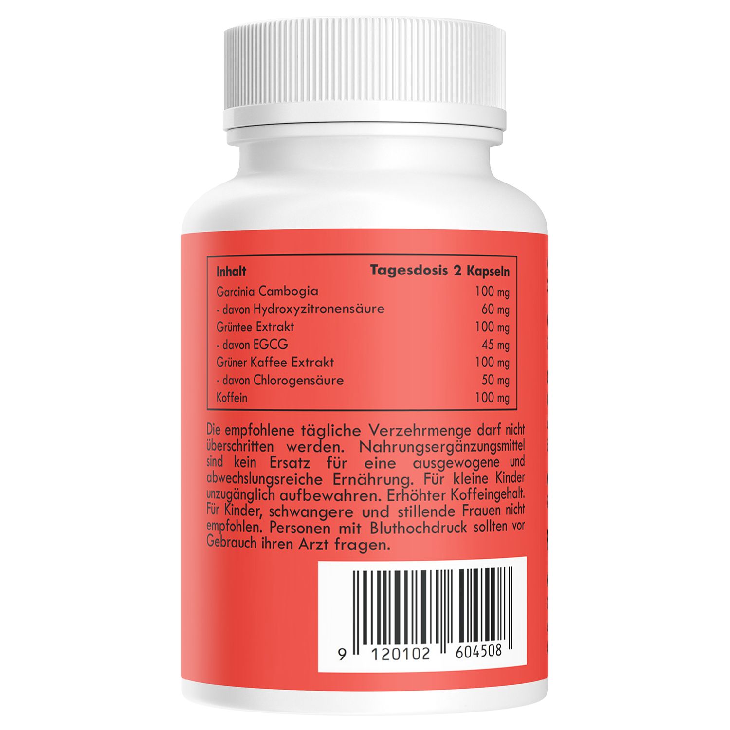 Etichetta rossa con testo. Ingredienti e dose giornaliera. Contiene Garcinia Cambogia, estratto di tè verde, estratto di caffè verde e caffeina.