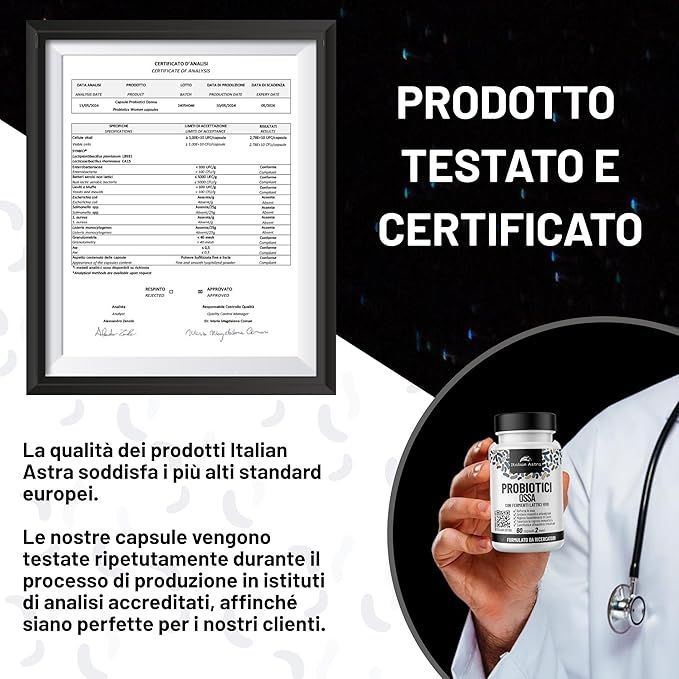 Certificato in cornice nera. Testo: PRODOTTO TESTATO E CERTIFICATO. Flacone con etichetta. Marca: Italian Astra.